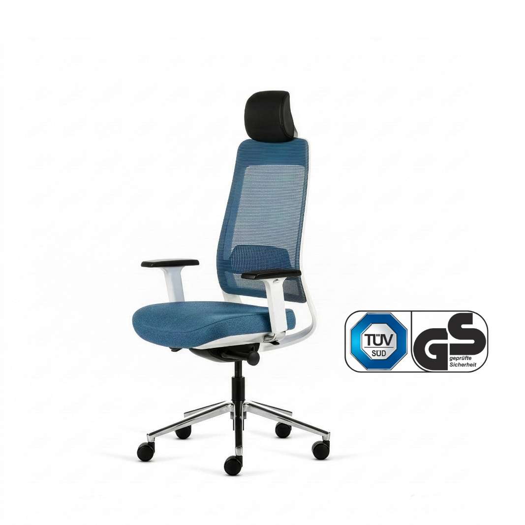Inwerk Teamo® Original Plus - Bürostuhl mit Kopfstütze, Weiss/Blau