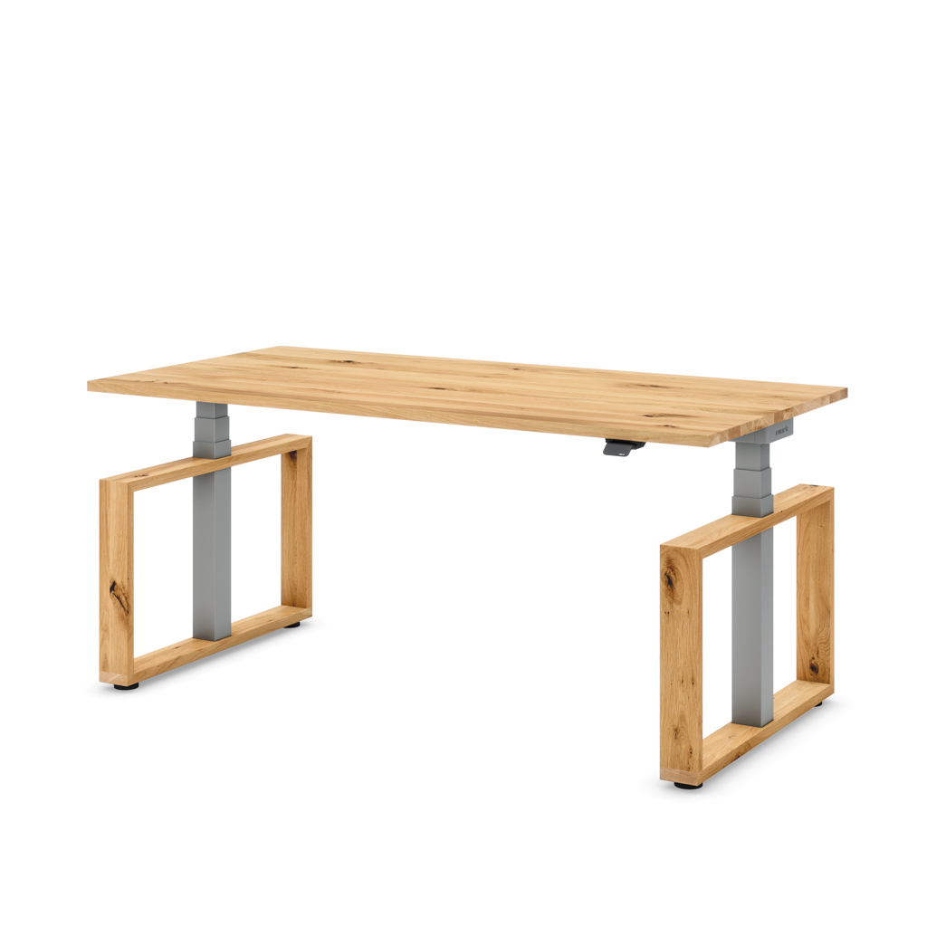 Masterlift® Flex höhenverstellbarer Schreibtisch Loop Holz Edition Rechteck Eiche Massivholz/Silber