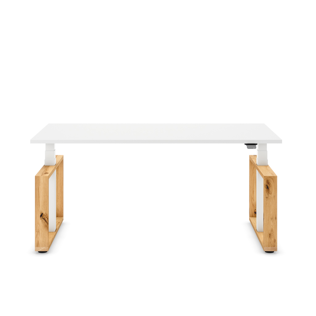 Masterlift® Flex höhenverstellbarer Schreibtisch Loop Holz Edition Rechteck Weiss/Weiss