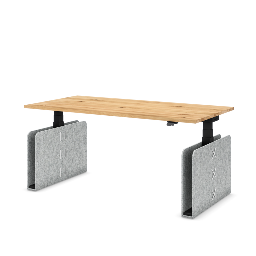 Masterlift® Flex höhenverstellbarer Schreibtisch quadratisch Filz Edition Rechteck Hellgrau Eiche Massivholz/Schwarz