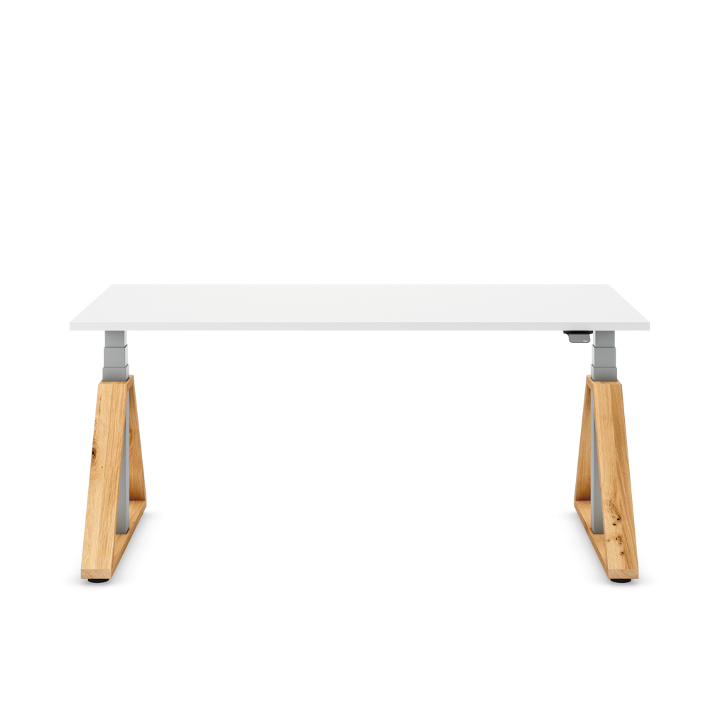 Masterlift® Flex höhenverstellbarer Schreibtisch Loop Holz Edition Trapez Weiß/Silber