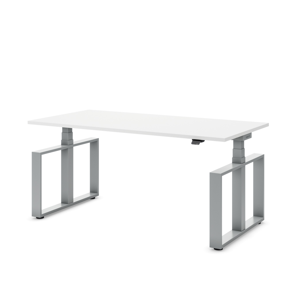 Höhenverstellbarer Schreibtisch Masterlift® Flex Loop-Edition, Stahl Rechteck, Weiss Dekor/Silber 200x80