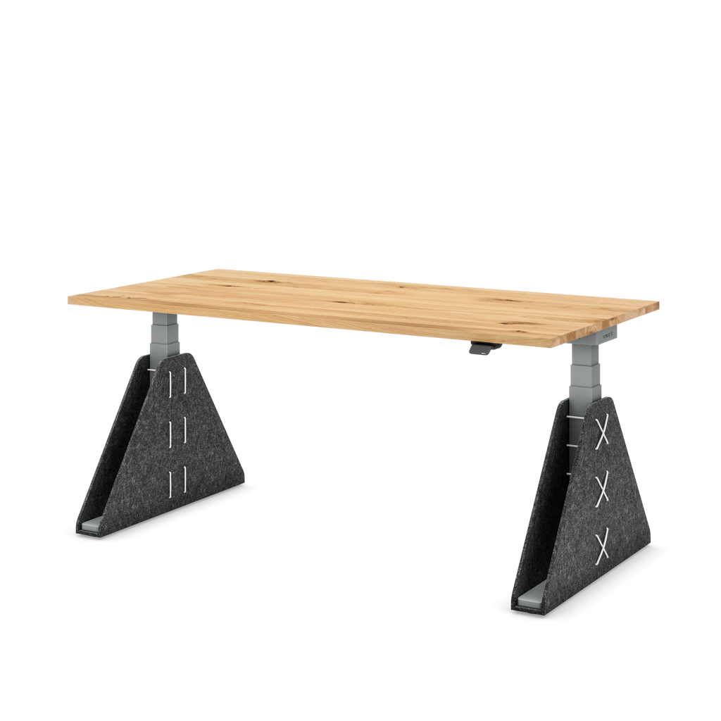 Höhenverstellbarer Schreibtisch Masterlift® Flex Akustix®-Edition, Trapez Dunkelgrau, Eiche Massivholz/Silber 160x80