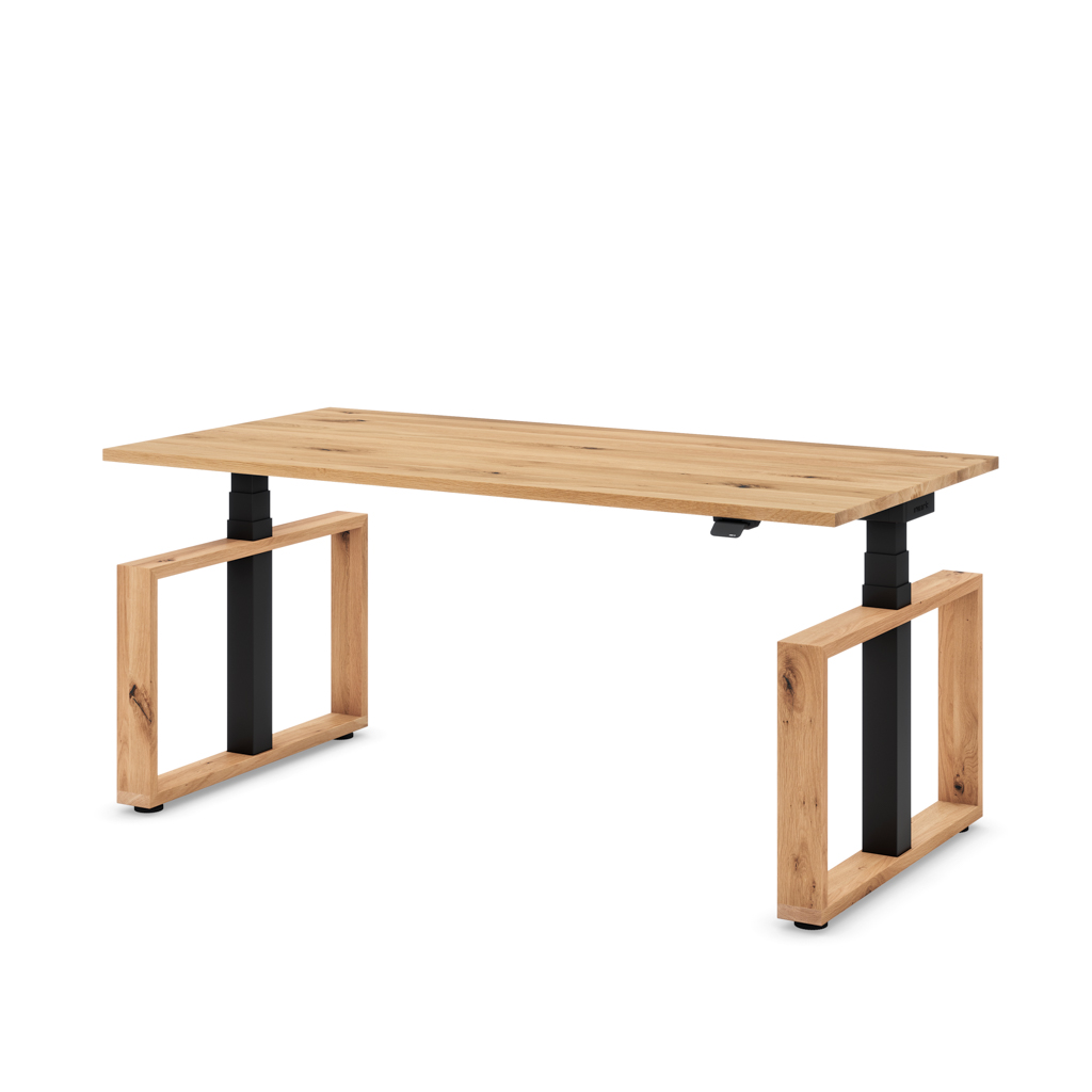 Masterlift® Flex höhenverstellbarer Schreibtisch Loop Holz Edition Rechteck Eiche Massivholz/Schwarz