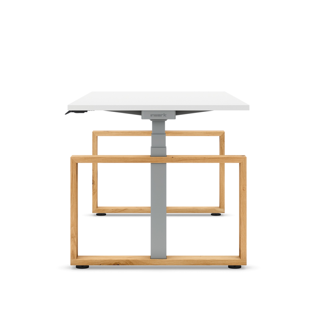 Masterlift® Flex höhenverstellbarer Schreibtisch Loop Holz Edition Rechteck Weiss/Silber
