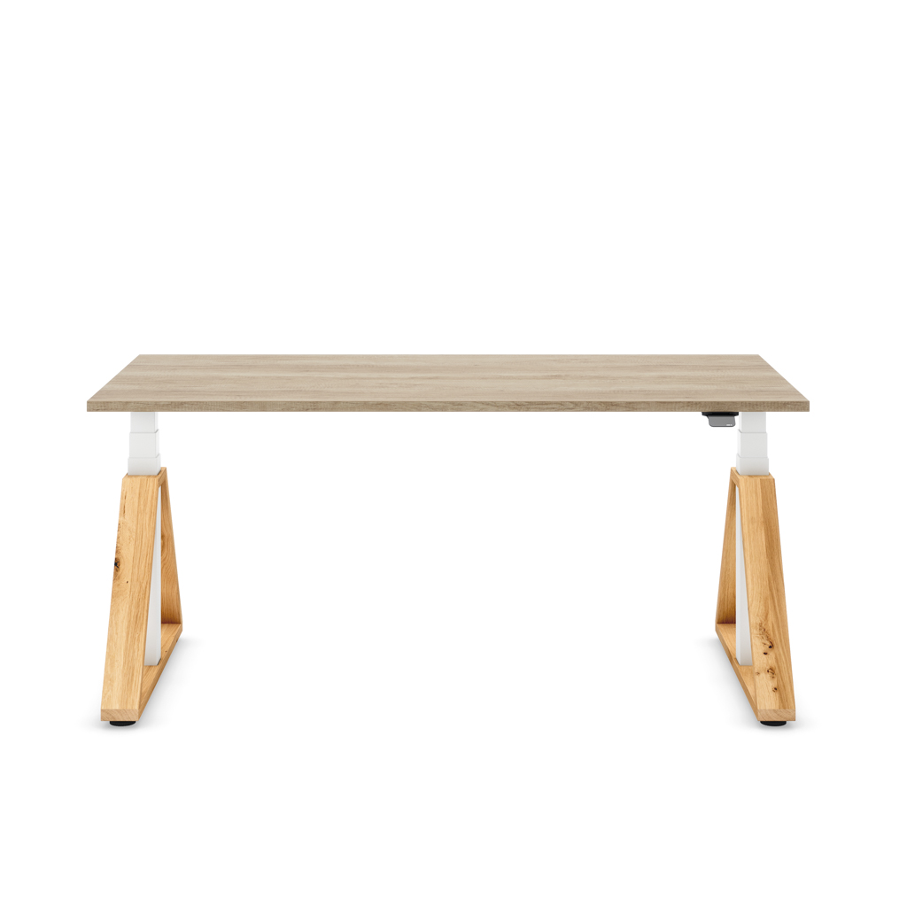 Masterlift® Flex höhenverstellbarer Schreibtisch Loop Holz Edition Trapez Eiche/Weiss