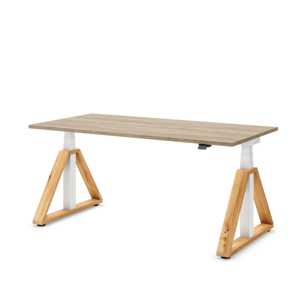 Masterlift® Flex höhenverstellbarer Schreibtisch Loop Holz Edition Trapez Eiche/Weiss