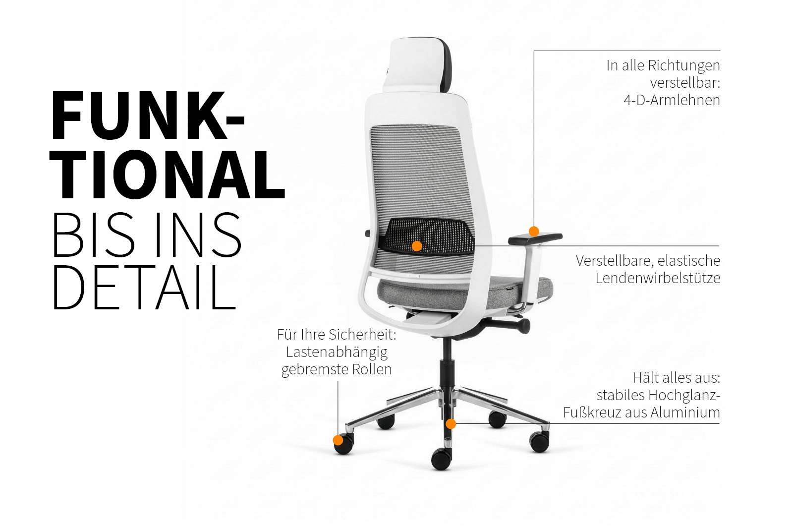 Inwerk Teamo® Original Plus - Bürostuhl mit Kopfstütze, Weiss/Grau