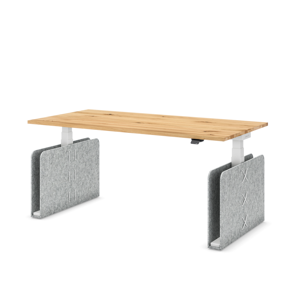 Masterlift® Flex höhenverstellbarer Schreibtisch quadratisch Filz Edition Rechteck Hellgrau Eiche Massivholz/Weiss