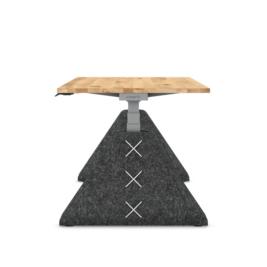Höhenverstellbarer Schreibtisch Masterlift® Flex Akustix®-Edition, Trapez Dunkelgrau, Eiche Massivholz/Silber 160x80