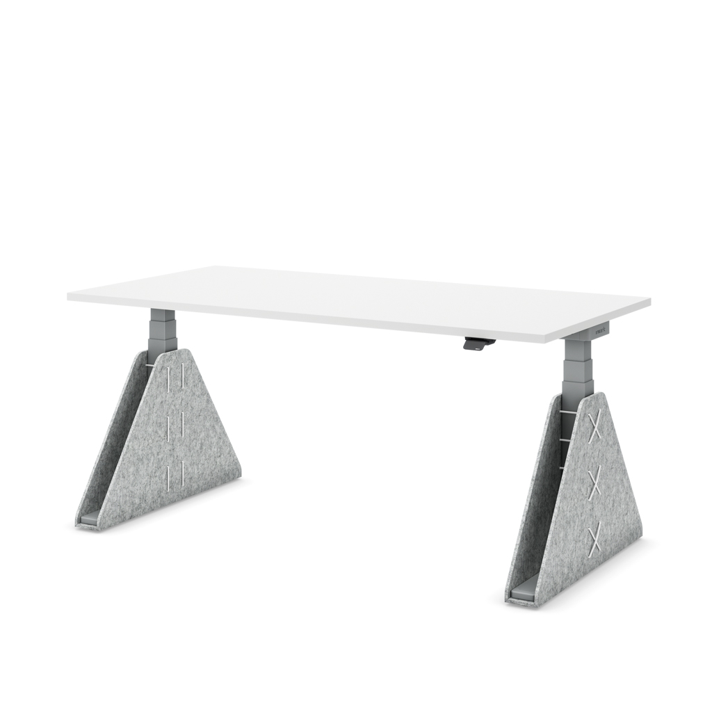 Höhenverstellbarer Schreibtisch Masterlift® Flex Akustix®-Edition, Trapez Hellgrau, Weiss Dekor/Silber 140x80