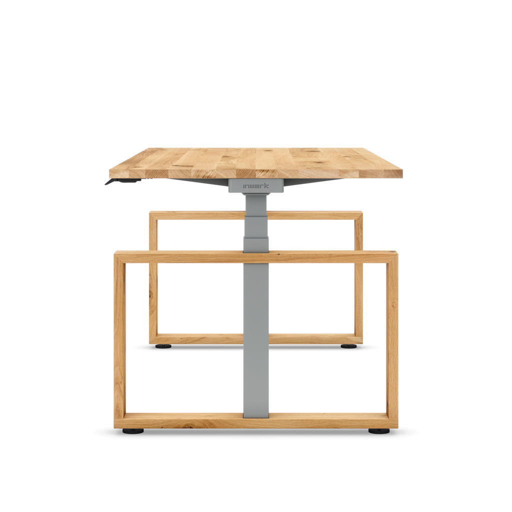 Masterlift® Flex höhenverstellbarer Schreibtisch Loop Holz Edition Rechteck Eiche Massivholz/Silber