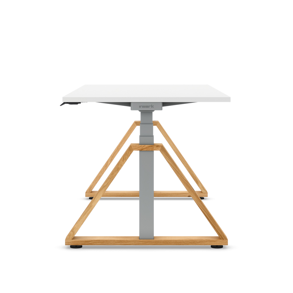 Masterlift® Flex höhenverstellbarer Schreibtisch Loop Holz Edition Trapez Weiß/Silber
