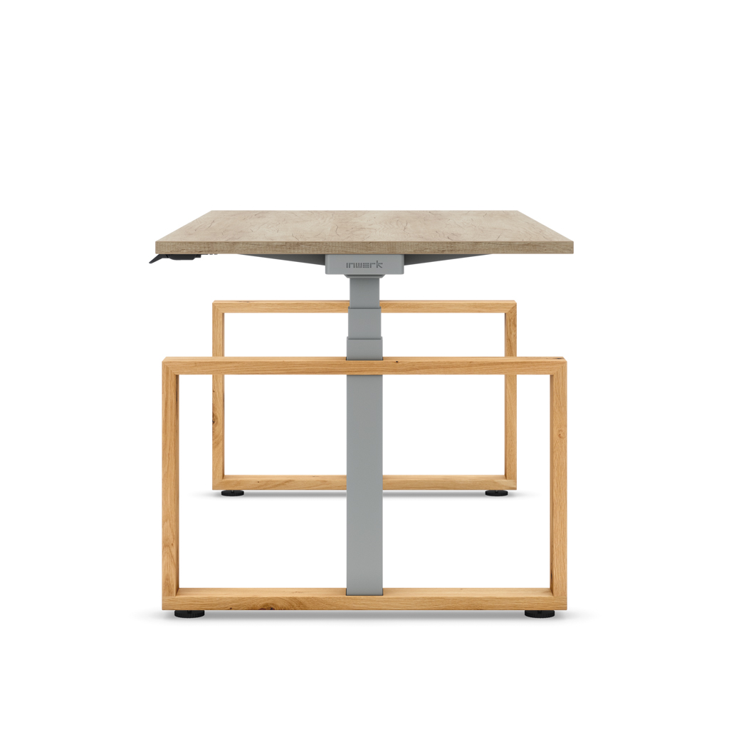 Masterlift® Flex höhenverstellbarer Schreibtisch Loop Holz Edition Rechteck Eiche/Silber