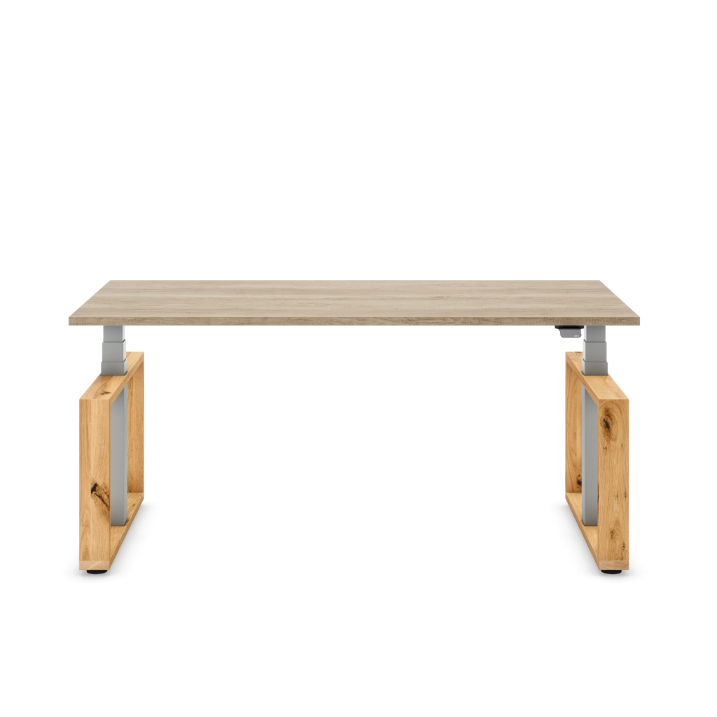 Masterlift® Flex höhenverstellbarer Schreibtisch Loop Holz Edition Rechteck Eiche/Silber