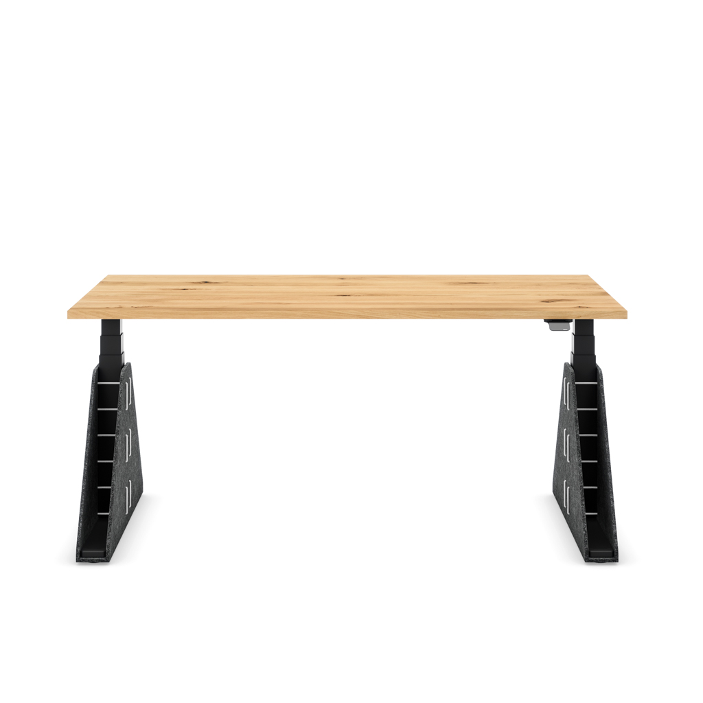 Höhenverstellbarer Schreibtisch Masterlift® Flex Akustix®-Edition, Trapez Dunkelgrau, Eiche Massivholz/Schwarz 160x80