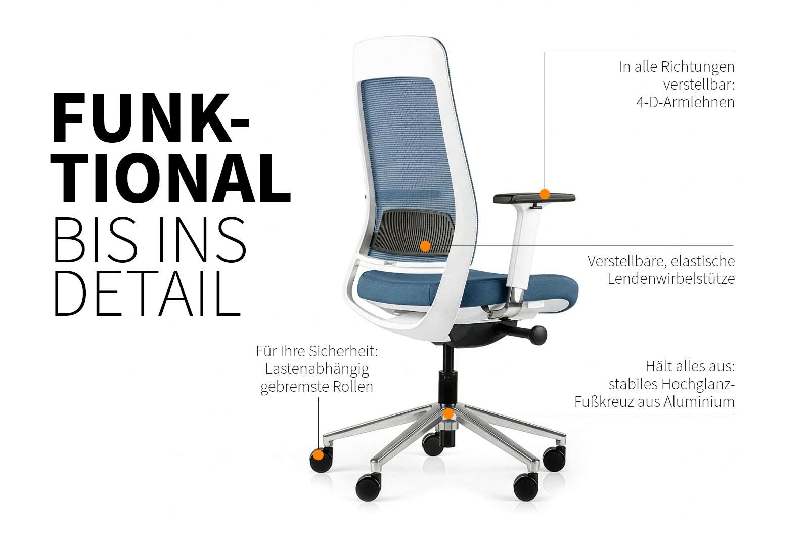 Inwerk Teamo® Original - Ergonomischer Bürostuhl, Weiss/Blau