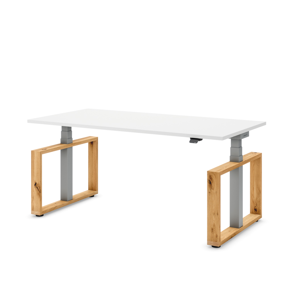 Masterlift® Flex höhenverstellbarer Schreibtisch Loop Holz Edition Rechteck Weiss/Silber