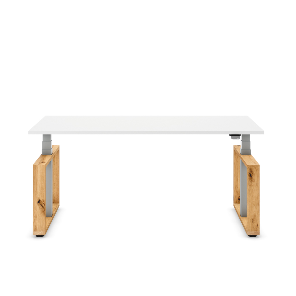 Masterlift® Flex höhenverstellbarer Schreibtisch Loop Holz Edition Rechteck Weiss/Silber