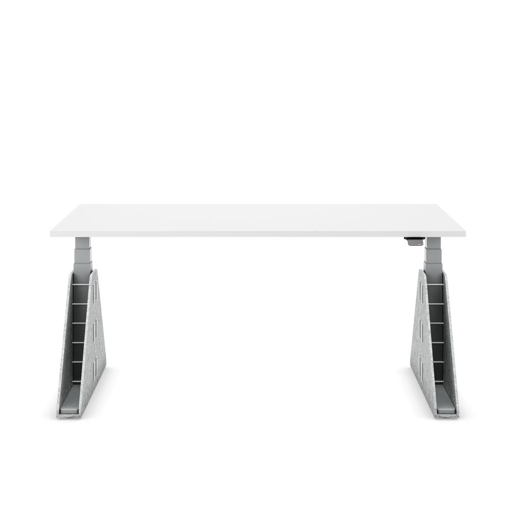 Höhenverstellbarer Schreibtisch Masterlift® Flex Akustix®-Edition, Trapez Hellgrau, Weiss Dekor/Silber 140x80