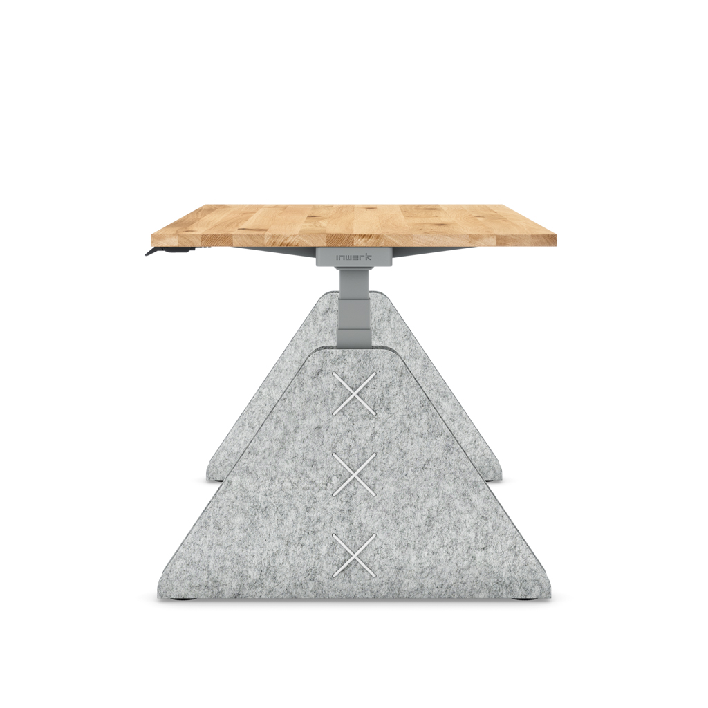 Höhenverstellbarer Schreibtisch Masterlift® Flex Akustix®-Edition, Trapez Hellgrau, Eiche Massivholz/Silber 160x80
