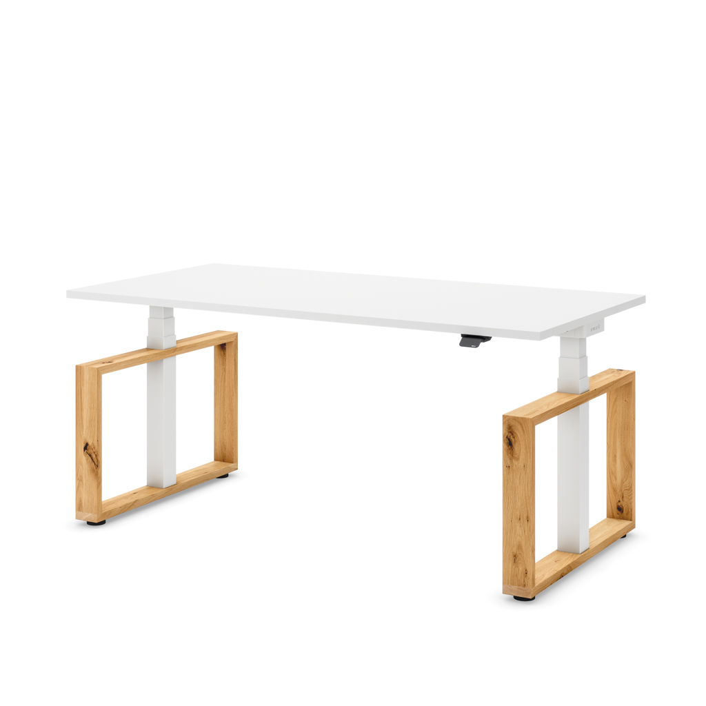 Masterlift® Flex höhenverstellbarer Schreibtisch Loop Holz Edition Rechteck Weiss/Weiss