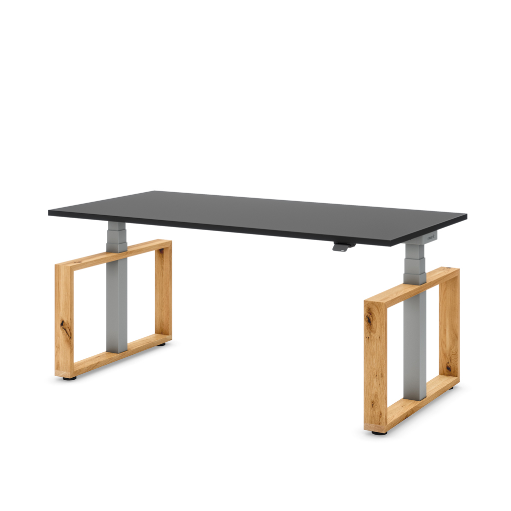 Masterlift® Flex höhenverstellbarer Schreibtisch Loop Holz Edition Rechteck Schwarz/Silber