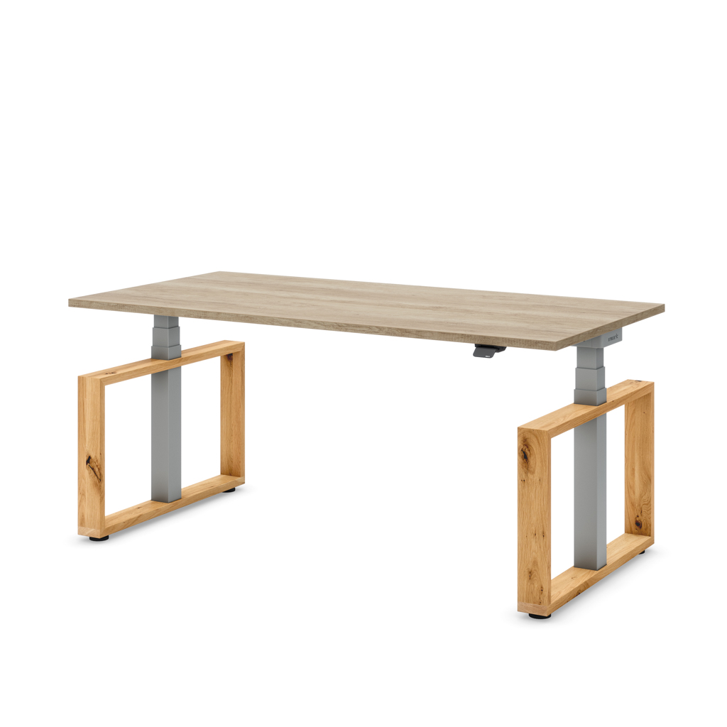 Masterlift® Flex höhenverstellbarer Schreibtisch Loop Holz Edition Rechteck Eiche/Silber