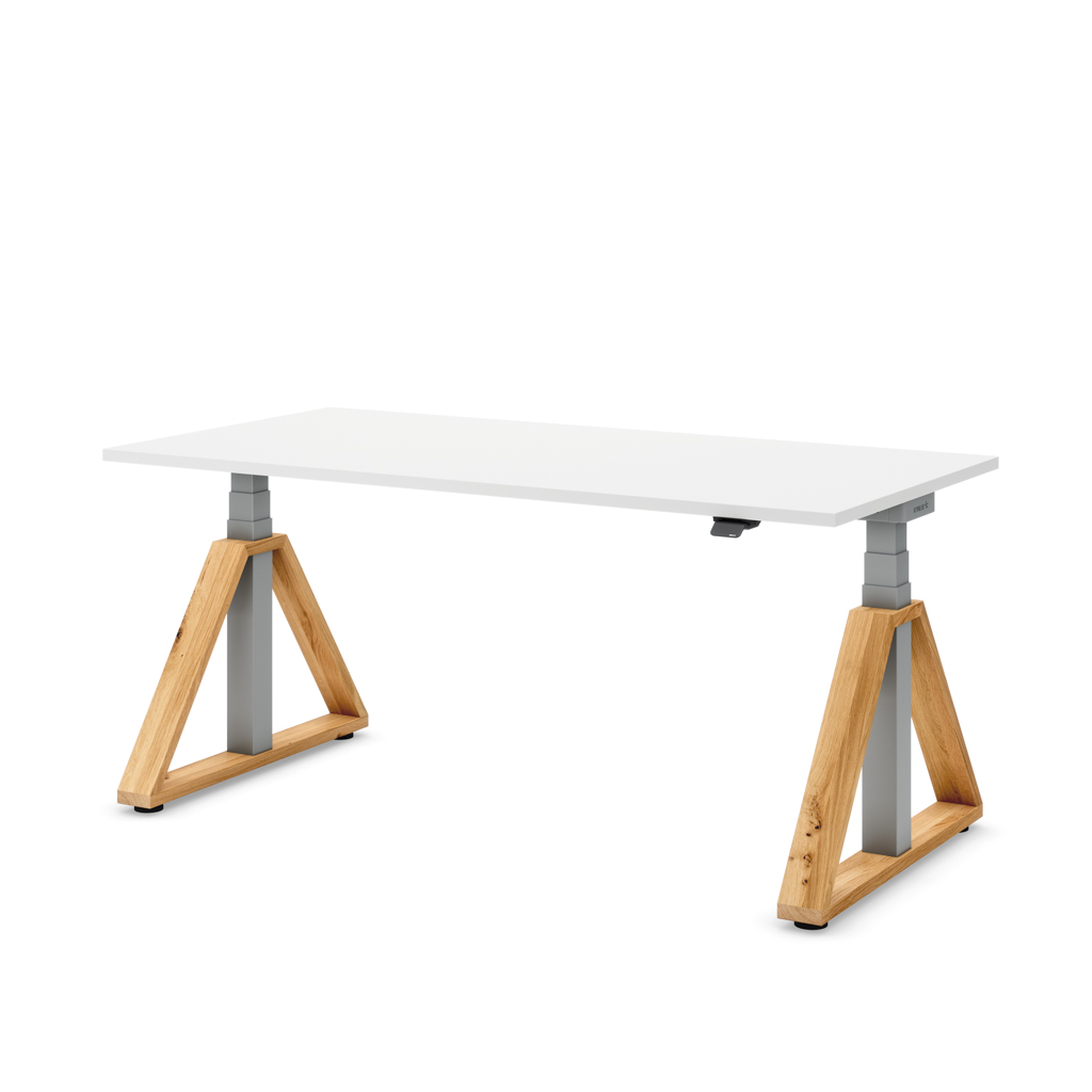 Masterlift® Flex höhenverstellbarer Schreibtisch Loop Holz Edition Trapez Weiß/Silber