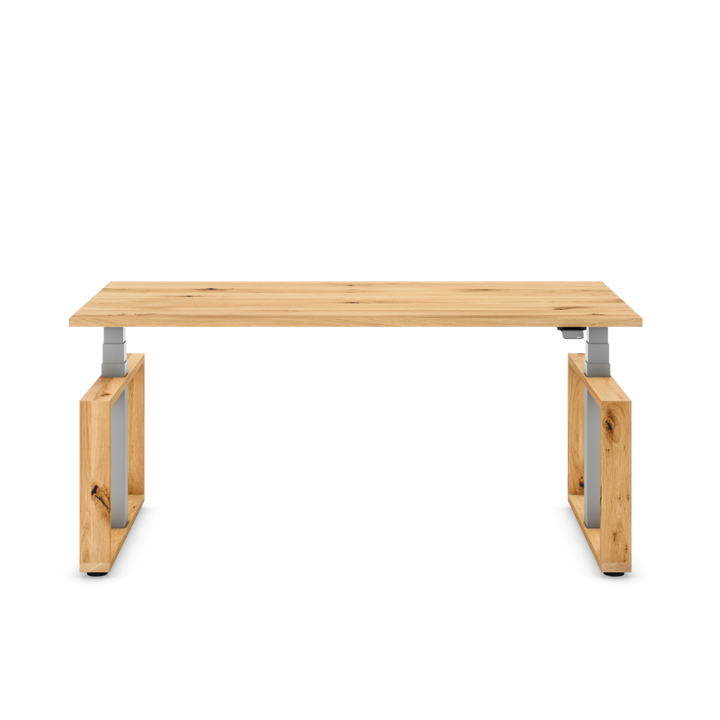 Masterlift® Flex höhenverstellbarer Schreibtisch Loop Holz Edition Rechteck Eiche Massivholz/Silber
