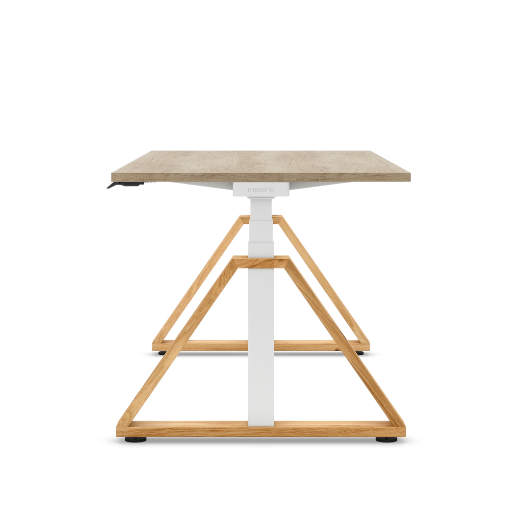 Masterlift® Flex höhenverstellbarer Schreibtisch Loop Holz Edition Trapez Eiche/Weiss