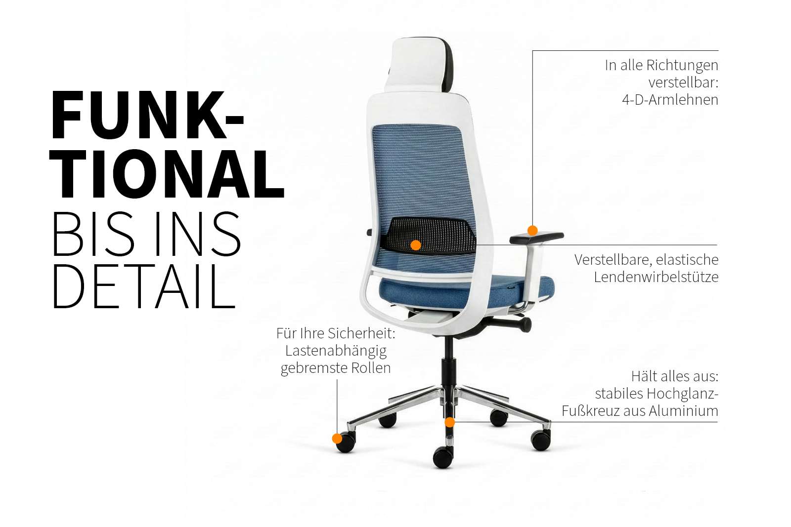 Inwerk Teamo® Original Plus - Bürostuhl mit Kopfstütze, Weiss/Blau