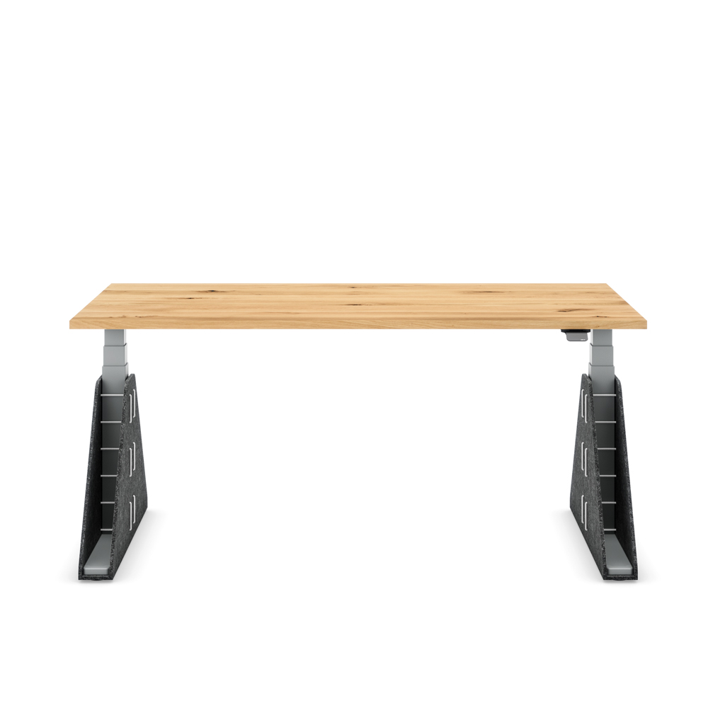 Höhenverstellbarer Schreibtisch Masterlift® Flex Akustix®-Edition, Trapez Dunkelgrau, Eiche Massivholz/Silber 160x80